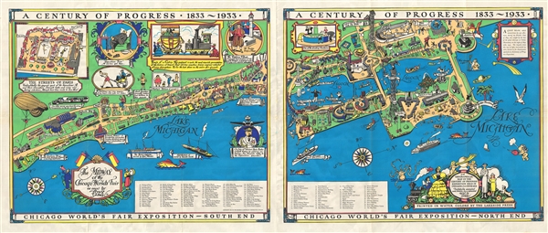 A Century of Progress, 1833-1933 : Chicago World's Fair Exposition.   /  The Midway of the Chicago World's Fair. / A Geographical Map of the Century of Progress Exposition Held in Chicago, Illinois 1933. - Main View