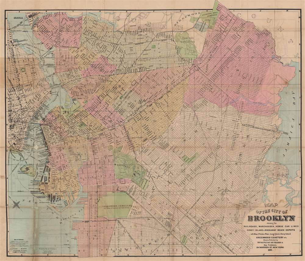 Map of the City of Brooklyn showing the railroads, warehouses, horse car lines, Coney Island and Rockaway Beach Depots. - Main View