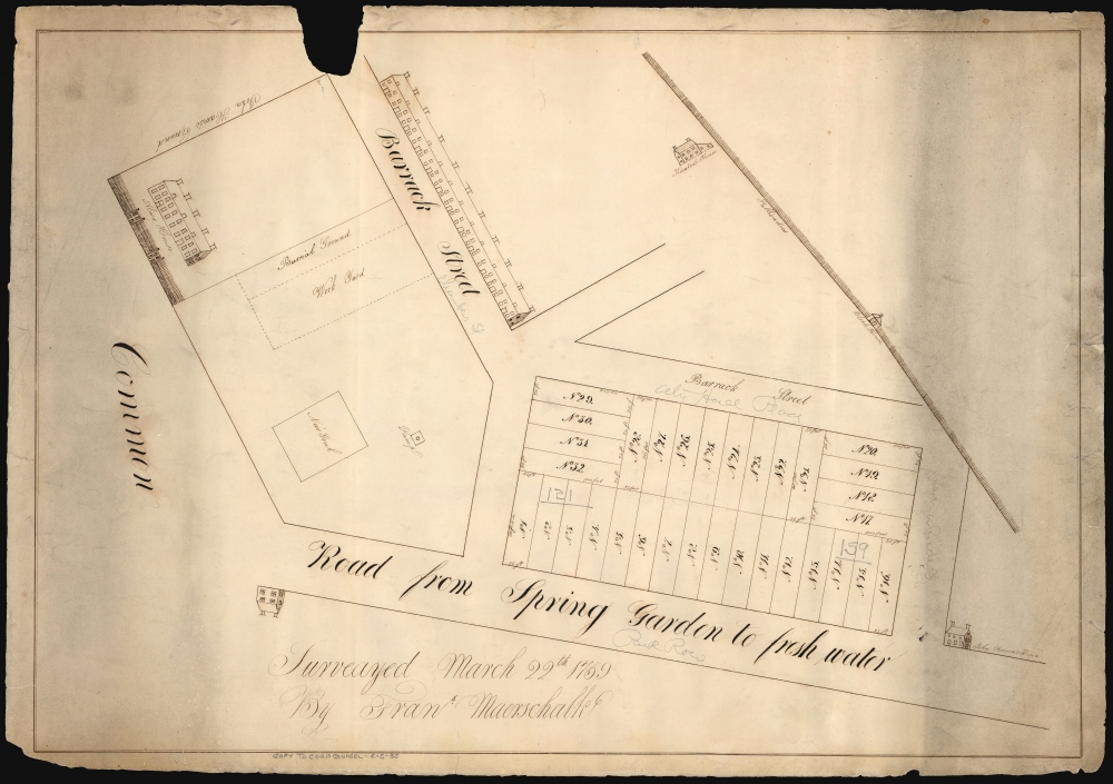 (On Verso) Land on Chatham Street Surveyed by Fran. Maerschalk 1757. - Main View