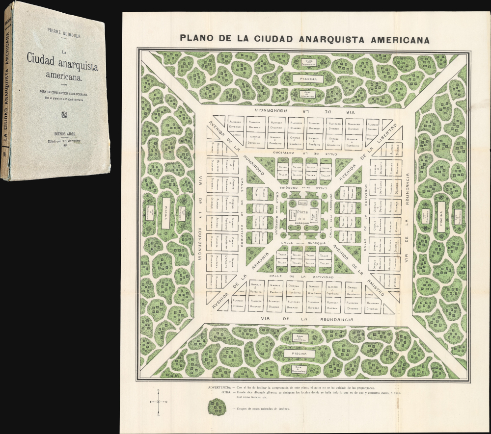 1914 Pierre Quiroule Map of the Utopian American Anarchist City w/ Book