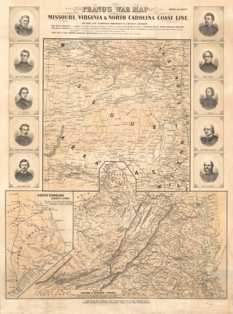 Prang's War Map Missouri, Virginia and North Carolina Coast Line. - Main View