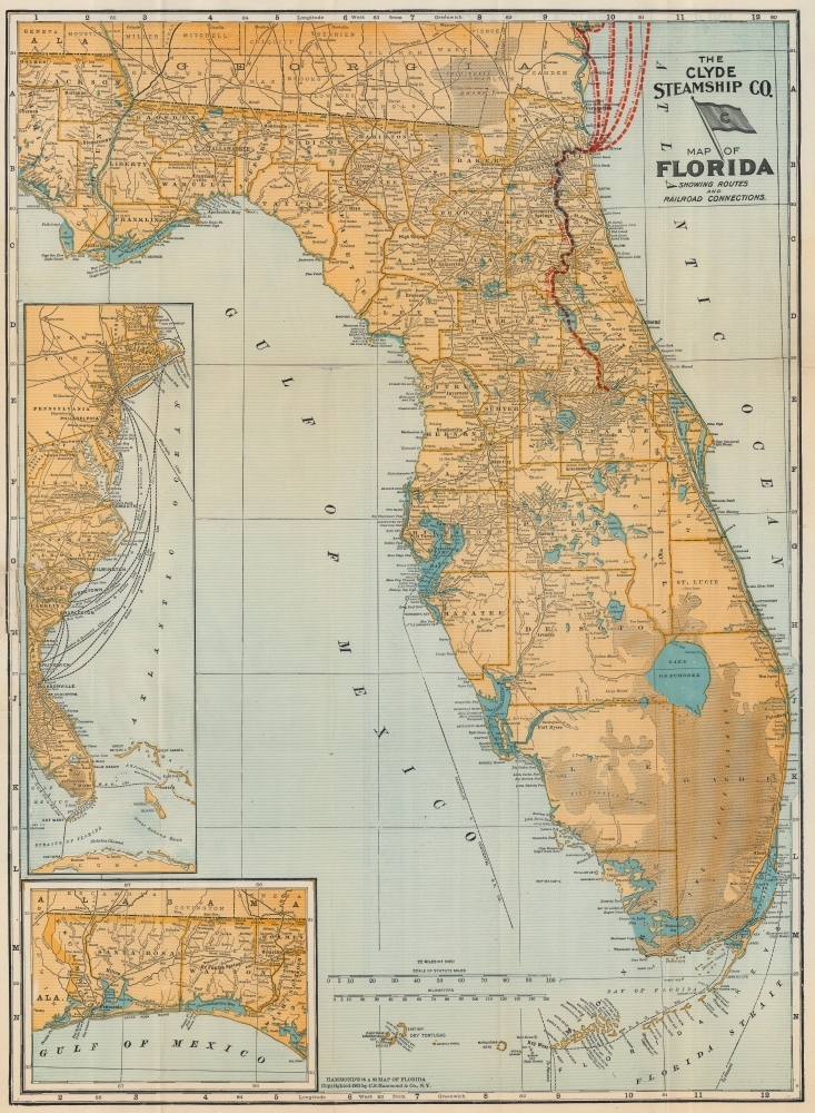 The Clyde Steamship Co. Map of Florida Showing Routes and Railroad Connections. - Main View