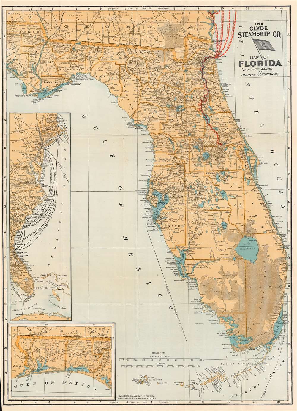 The Clyde Steamship Co. Map of Florida Showing Routes and Railroad Connections. - Main View