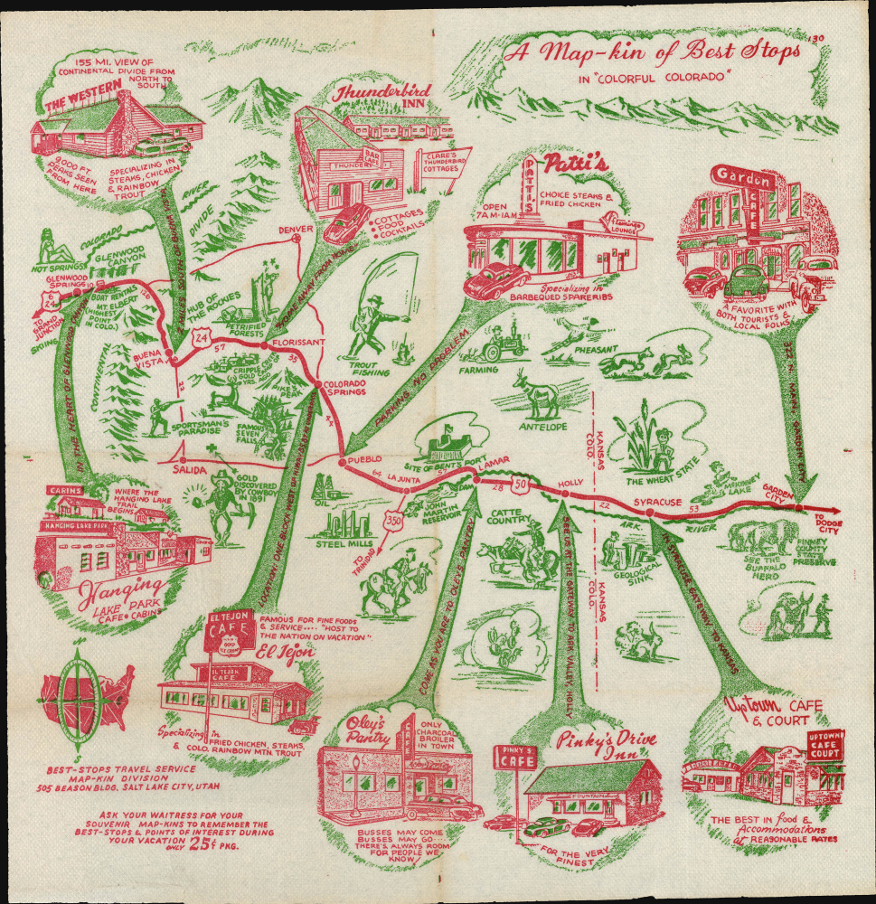 1953 Pictorial Tourist Map of Routes 50 and 24 in Colorado and Kansas