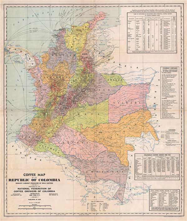 Coffee Map of the Republic of Colombia World's Largest Producer of Mild Coffees. - Main View