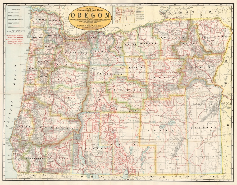 New Commercial and Road Map of Oregon Showing Counties in Different Colors, Townships, Cities, Villages and Post Offices... - Main View