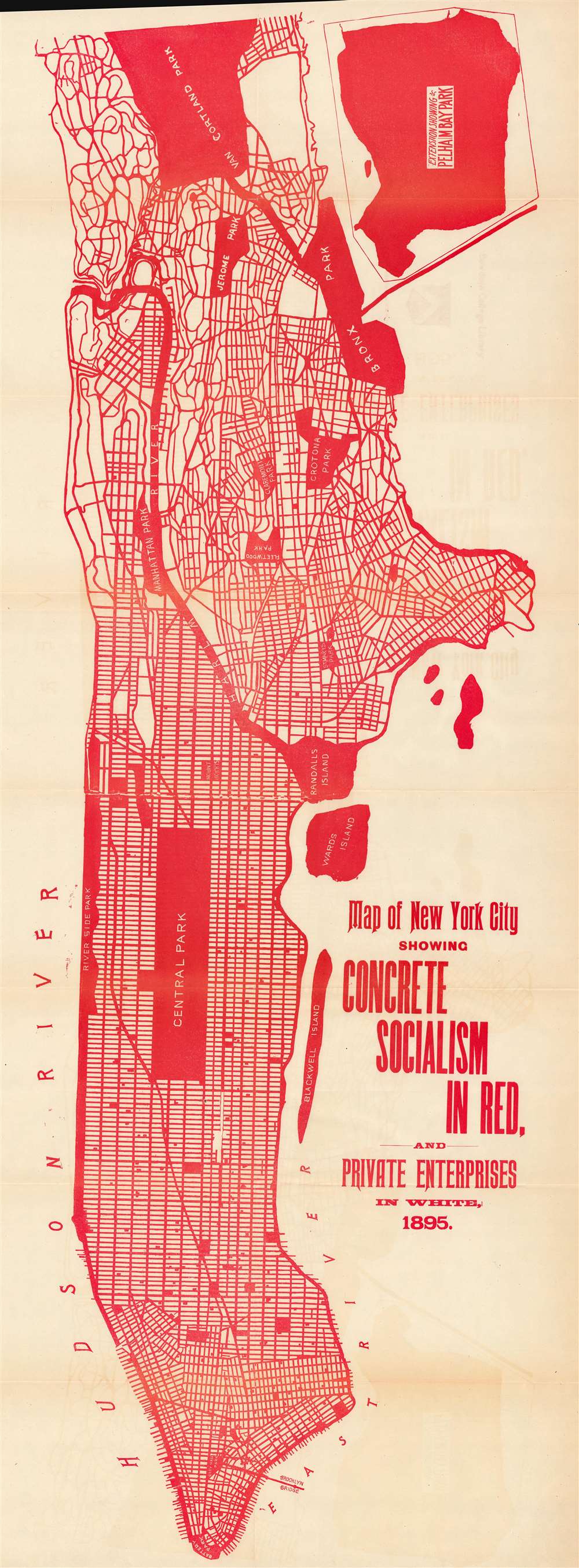 Map of New York City Showing Concrete Socialism in Red, and Private Enterprises in White, 1895. - Main View
