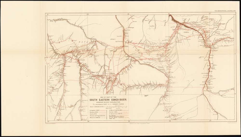 1895 Map of the Eastern Congo Basin showing the tracks of 10 explorers