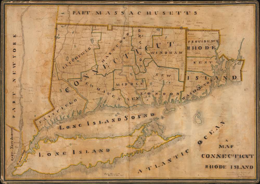 1828 Mary Parker Schoolgirl Manuscript Map of Connecticut, Rhode Island, Long Island