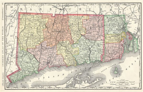 1888 Rand McNally Map of Connecticut and Rhode Island, United States