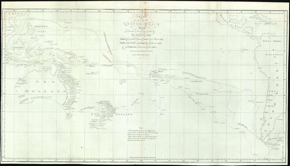 Chart of part of the South Sea, Shewing the Tracts and Discoveries made by His Majesty's Ships Dolphin, Commodore Byron, and Tamer, Captn. Mouat, 1765. Dolphin, Captn., Wallis, and Swallow, Captn. Carteret, 1767.  And Endeavour, Lieutenant Cooke, 1769. - Main View