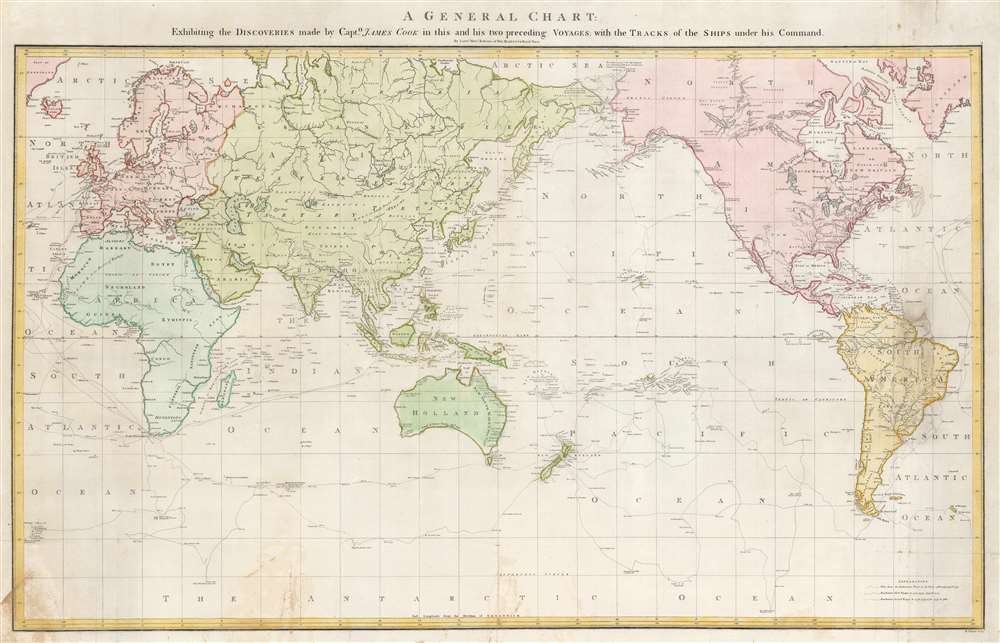 1790s Historic World Map of the Discoveries of Captain Cook 24x42 