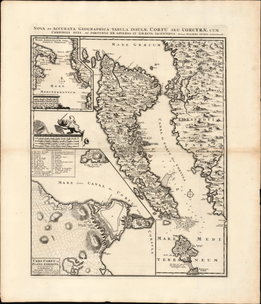 Nova et Accurata Geographica Tabula Insulae Corfu seu Corcyrae cum Confinis suis ac Portubus ex Adverso in Graecia Iacentibus. Auctore Joachimo Ottens Amstelodami. - Main View