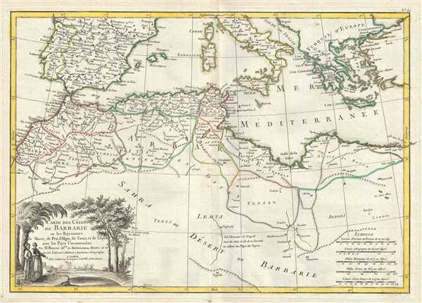 Carte des Cotes de Barbarie ou Les Royaumes de Marco, de Fez, d'Alger, de Tunis, et de Tripoli avec les Pays Circonvoisins. - Main View