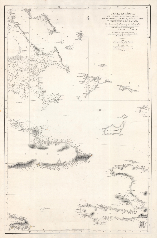 Carta Esferica que comprende parte de las Islas de S.to Domingo, Jamaica, Cuba, Lucayas Y Gran Banco de Bahama. - Main View