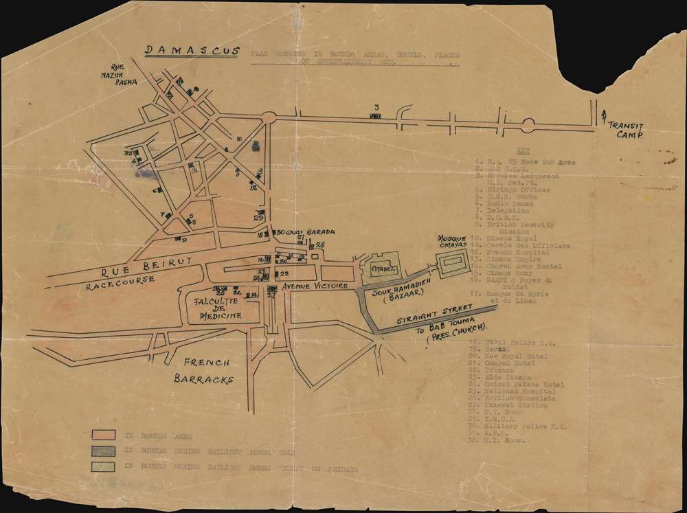 Damascus Plan Showing the In Bounds Areas, Hotels, Places, of Entertainment Etc. - Main View