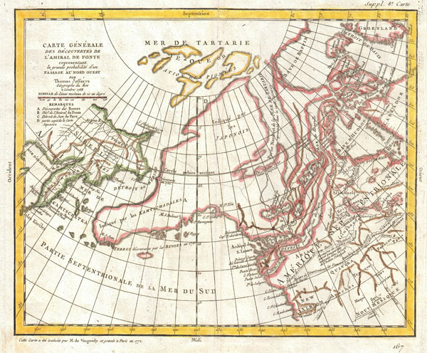 Carte Generale Des Decouvertes de L'Amiral de Fonte representant la grand porbabilite d'un Passage Au Nord Ouest par Thomas Jefferys Geographe du Roi a Londres 1768. - Main View