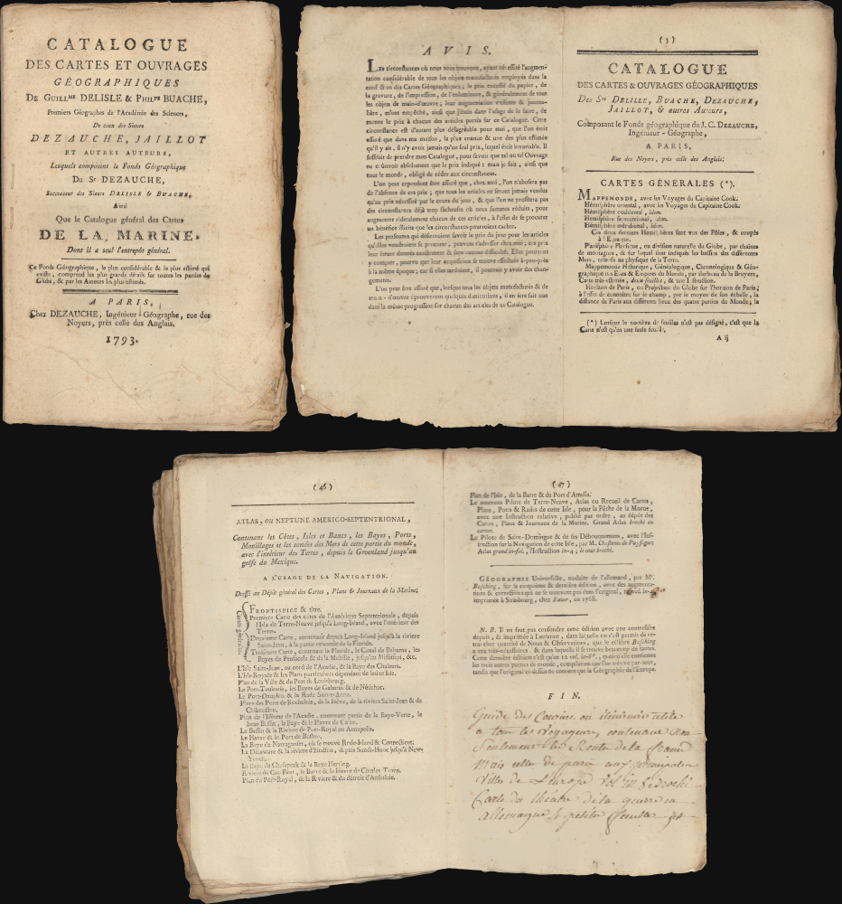 Catalogue des Cartes et Ouvrages Géographique de Guillme Delisle et Philpe Buache, Premier Géographes de l'Académie des Science, De ceux des Sieurs Dezauche, Jaillot et Autres Auteurs, Lesquels composent les Fonds Géographique du Sr. Dezauche, Successeur des Sieurs Delisle et Buache, Ainsi Que le Catalogue général des Cartes de la Marine Dont il a seul l'entrepôt général. - Main View