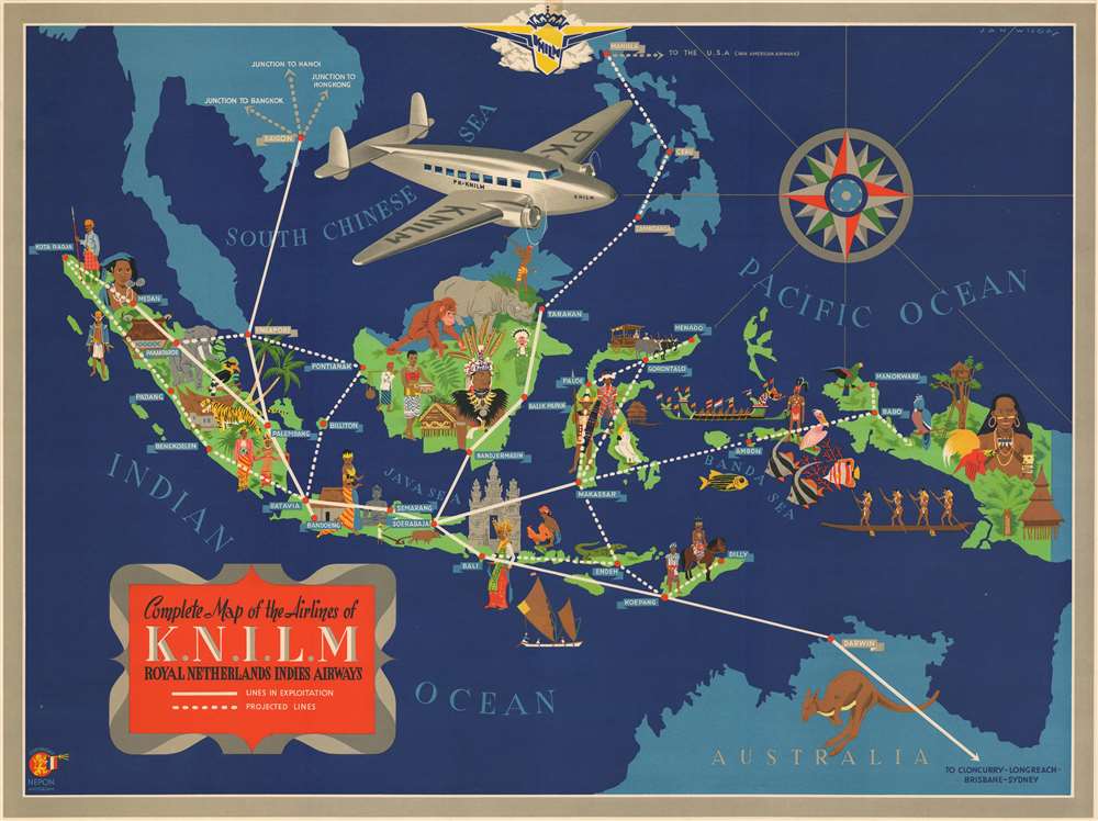 Complete Map of the Airlines of K.N.I.L.M., Royal Netherlands Indies Airways. - Main View