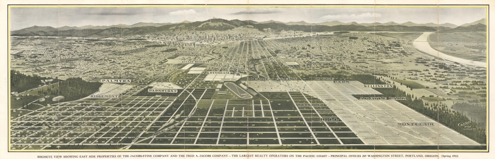 Birdseye View Showing East Side Properties of the Jacobs-Stine Company and the Fred A. Jacobs Company - The Largest Realty Operators on the Pacific Coast - Principal Offices 269 Washington Street, Portland, Oregon. (Spring 1912) - Main View