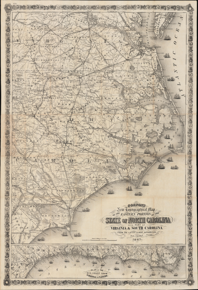 1863 Colton Civil War Map of Eastern North Carolina showing Union Blockade