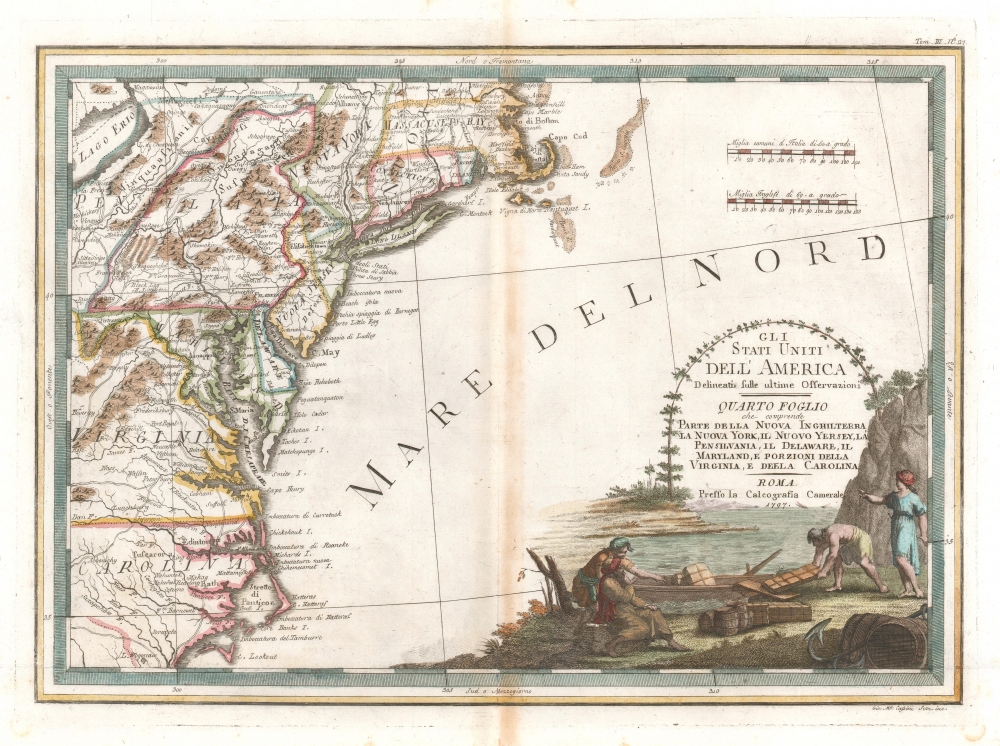 Gli Stati Uniti dell' America delineati sulle ultime Osservazioni, Quarto foglio che comprende parte della Nuova Inghilterra, la Nuova York, il Nuovo Yersey, la Pensilvania, il Delaware, il Maryland, e porzioni della Virginia, e della Carolina. - Main View