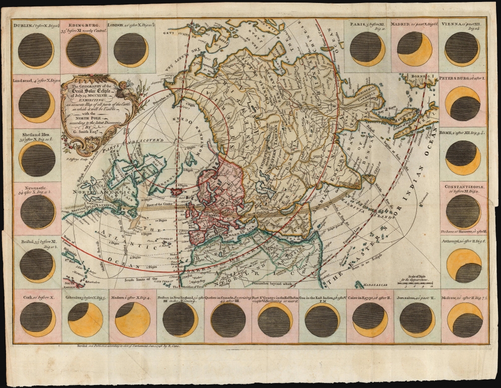 The geography of the great solar eclipse of July 14 MDCCXLVIII. : exhibiting an accurate map of all parts of the Earth in which it will be visible with the North Pole according to the latest discoveries. - Main View