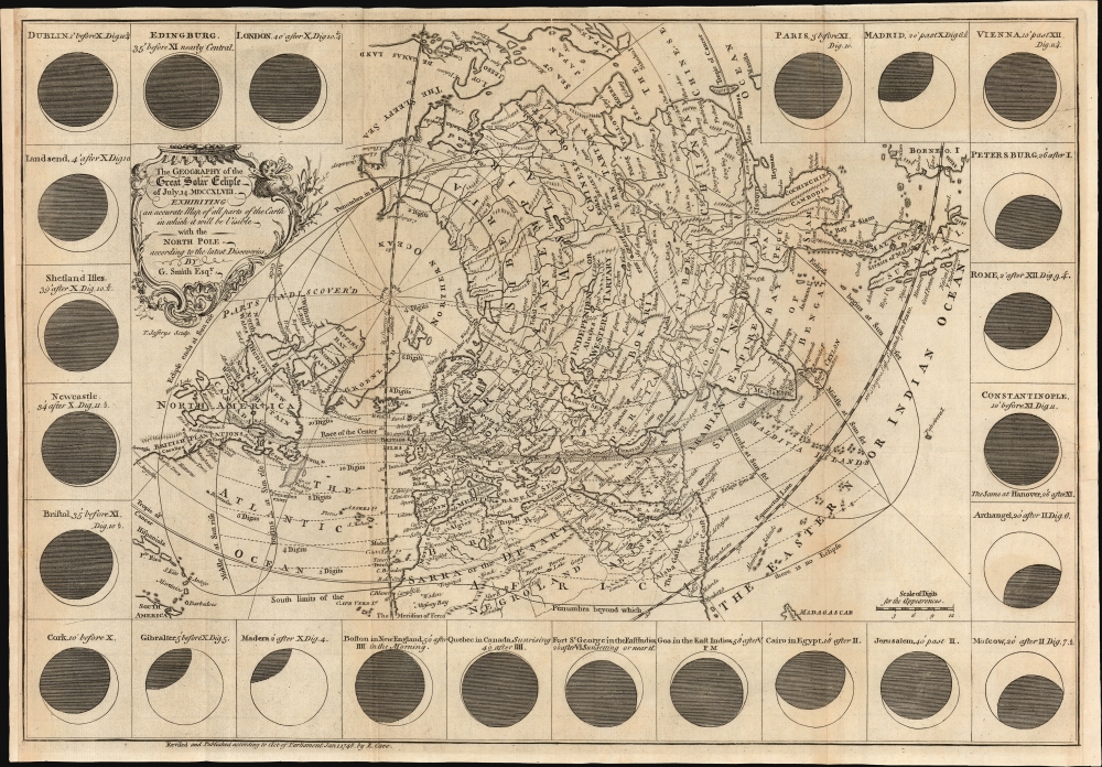 The geography of the great solar eclipse of July 14 MDCCXLVIII. : exhibiting an accurate map of all parts of the Earth in which it will be visible with the North Pole according to the latest discoveries. - Main View