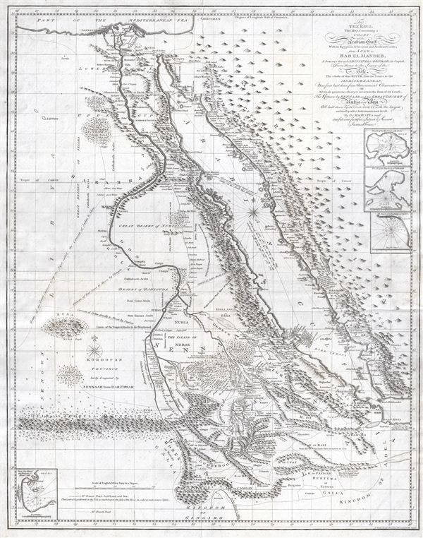 To The King.  This map, Containing a Chart of the Arabian Gulf With its Egyptian, Ethiopian and Arabian Coasts, from Suez to Bab el Mandeb, A Journey through Abyssinia to Gondar, its Capital, From thence to the Source of the Nile, The Whole of that River, from its Source to the Mediterranean, Now first laid down from Astronomical Observations of All those points necessary to Aseertain the form of its Course, Teh Return by Sennaar and the Great Desert of Nubia and Beja All laid down by Actual Survey with the largest and most perfect Instruments now in use by His Majesty's most dutiful and faithful Subject & Servant, james Bruce. - Main View