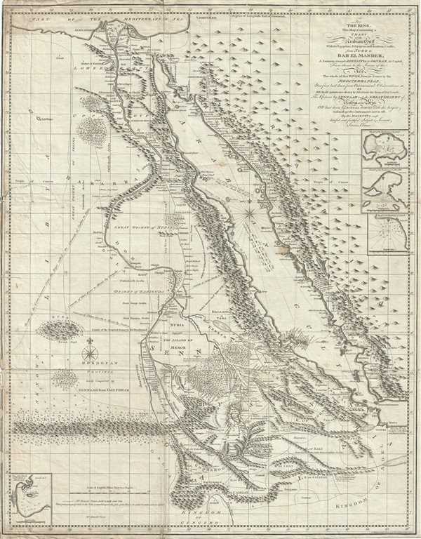 To The King. This map, Containing a Chart of the Arabian Gulf With its Egyptian, Ethiopian and Arabian Coasts, from Suez to Bab el Mandeb, A Journey through Abyssinia to Gondar, its Capital, From thence to the Source of the Nile, The Whole of that River, from its Source to the Mediterranean, Now first laid down from Astronomical Observations of All those points necessary to Aseertain the form of its Course, Teh Return by Sennaar and the Great Desert of Nubia and Beja All laid down by Actual Survey with the largest and most perfect Instruments now in use by His Majesty's most dutiful and faithful Subject & Servant, James Bruce. - Main View