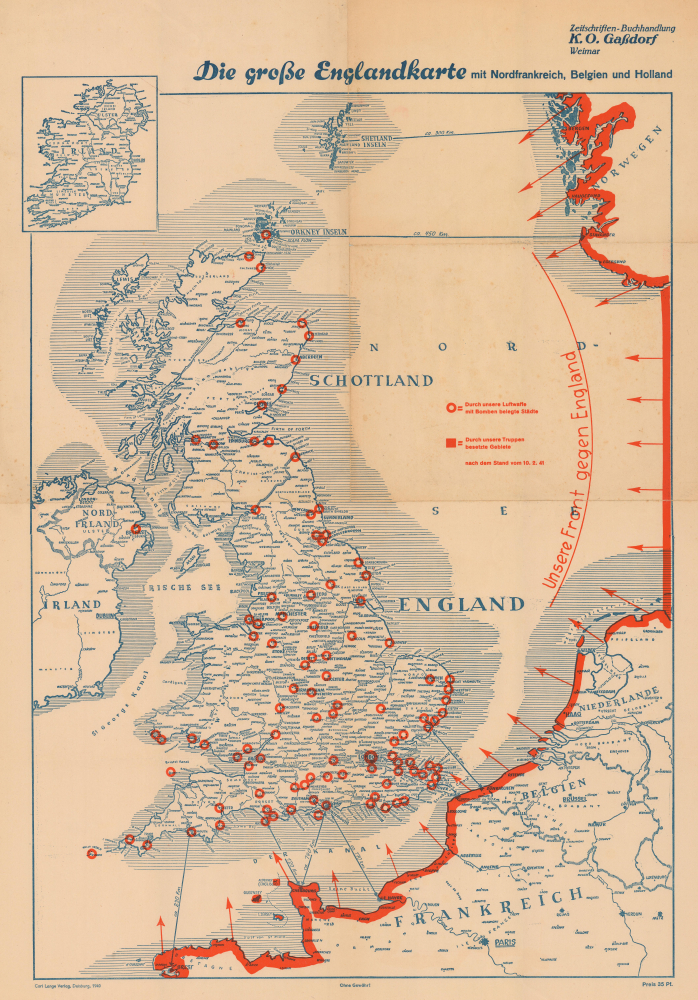1941 WWII German Propaganda Bombing and Invasion Map of England