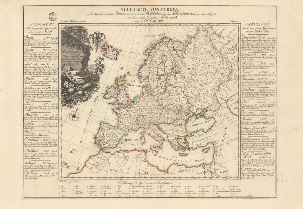 Neue Carte von Europa welche die merkwürdigsten Producte und vorn ehmsten Handelspläze nebst den Flächen-Inhalt aller Europäischen Länder in deutschen Quadrat-Meilen... [New map of Europe which contains the strangest and most prestigious products of trading places together with the surface content of all European countries in German square miles...] - Main View
