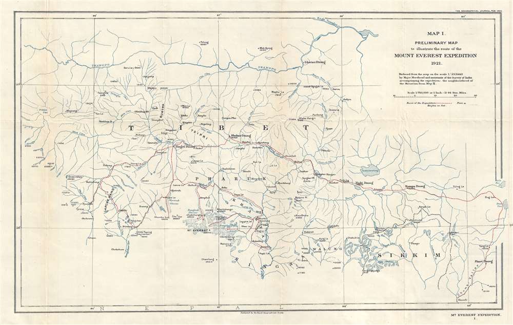 Map 1. Preliminary Map to illustrate the route of the Mount Everest Expedition 1921. - Main View