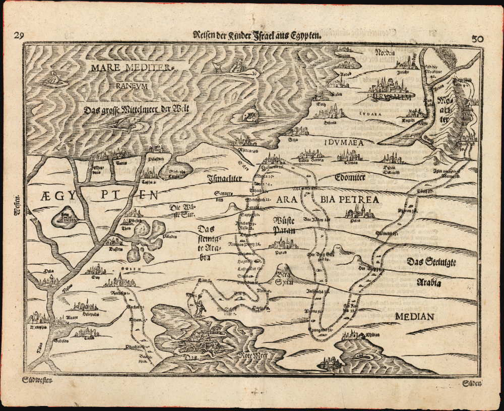 1581 / 1608 Bünting Woodcut Map of the Peregrination of Israel