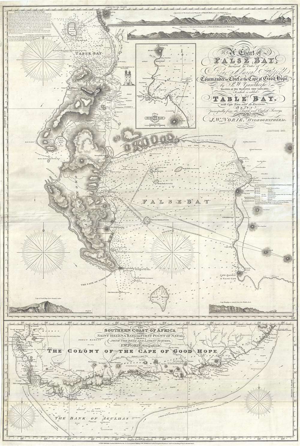 A Chart of False Bay Surveyed by Order of Rear Admiral Stopford, Commander in Chief at the Cape of Good Hope, by P. W. Gawthorpe, Master of His Majesty's Ship Lion, 1812; to which is added Table Bay, with Cape Town and its Environs. - Main View