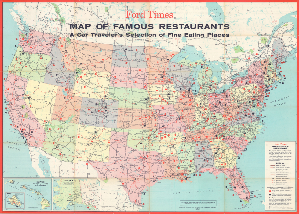 1964 General Drafting Map of the United States' Highway / Restaurant Network