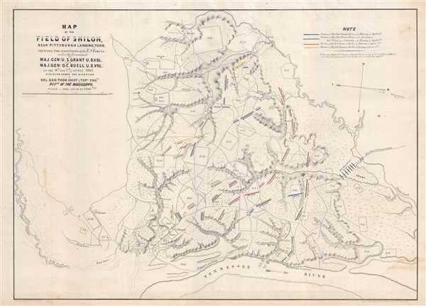 Map of the Field of Shiloh, Near Pittsburgh Landing, Tenn. Shewing the Positions of the U.S. Forces under the Command of Maj. Gen'l. U.S. Grant U.S. Vol. and Maj. Gen'l. D.C. Buell U.S. Vol on the 6th and 7th of April 1862. - Main View