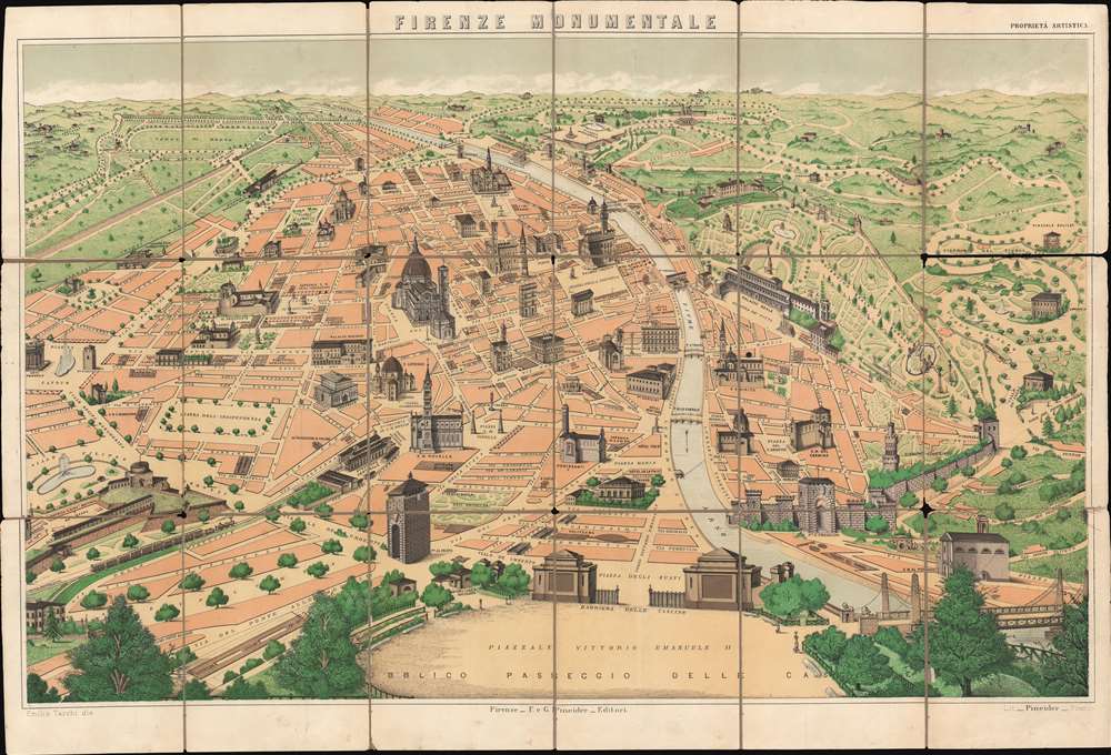 1900 Tarchi and Pineider Pictorial City Map or Plan of Florence, Italy