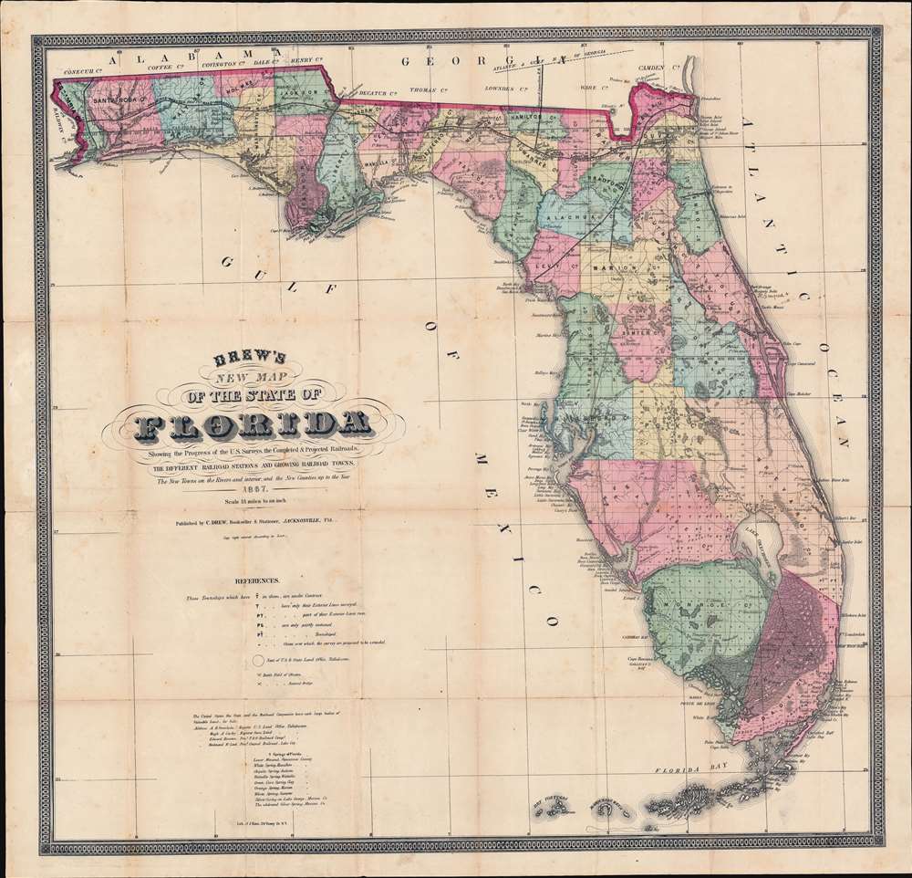 Drew's New Map of the State of Florida Showing the Progress of the U.S. Surveys, the Completed and Projected Railroads, the Different Railroad Stations and Growing Railroad Towns, the New Towns on the Rivers and Interior, and the New Counties up to the Year 1867. - Main View