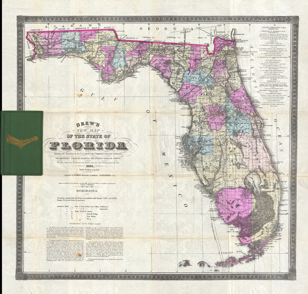 Drew's New Map of the State of Florida Showing the Townships by the U. S. Surveys, the Completed & Projected Railroads, the Diffferent Railroad Stations and Growing Railroad Towns.  The New Towns on the Rivers and interior and the New Counties up to the Year 1884. - Main View