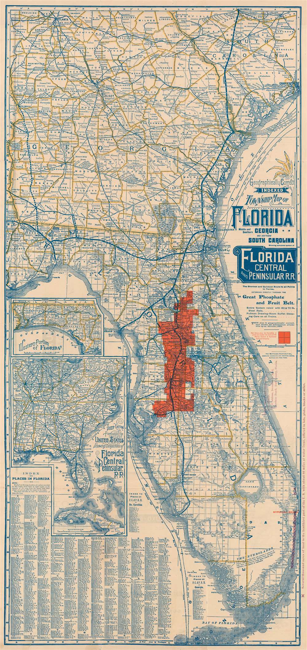 Geographically Correct Indexed Township Map of Florida, Middle and Southern Georgia, and Southern South Carolina, Showing the complete system of Florida Central and Peninsular R.R.. The shortest and Quickest Route to all Points in Florida extending directly through the Great Phosphate and Fruit Belt. - Main View