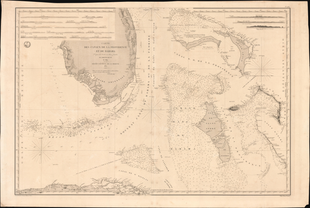 1851 Depot-General de la Marine Nautical Chart or Map of Florida and the Bahamas