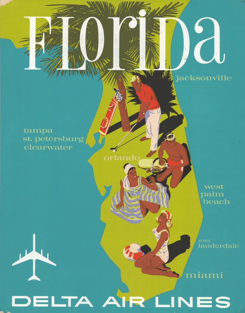 1960 John Hardy Delta Airlines Silkscreen Poster / Map of Florida