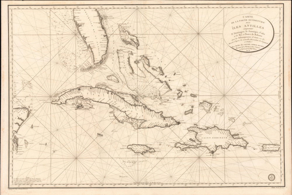 1801 Depot de la Marine Nautical Map of Florida, Cuba, Bahamas, Santo Domingo