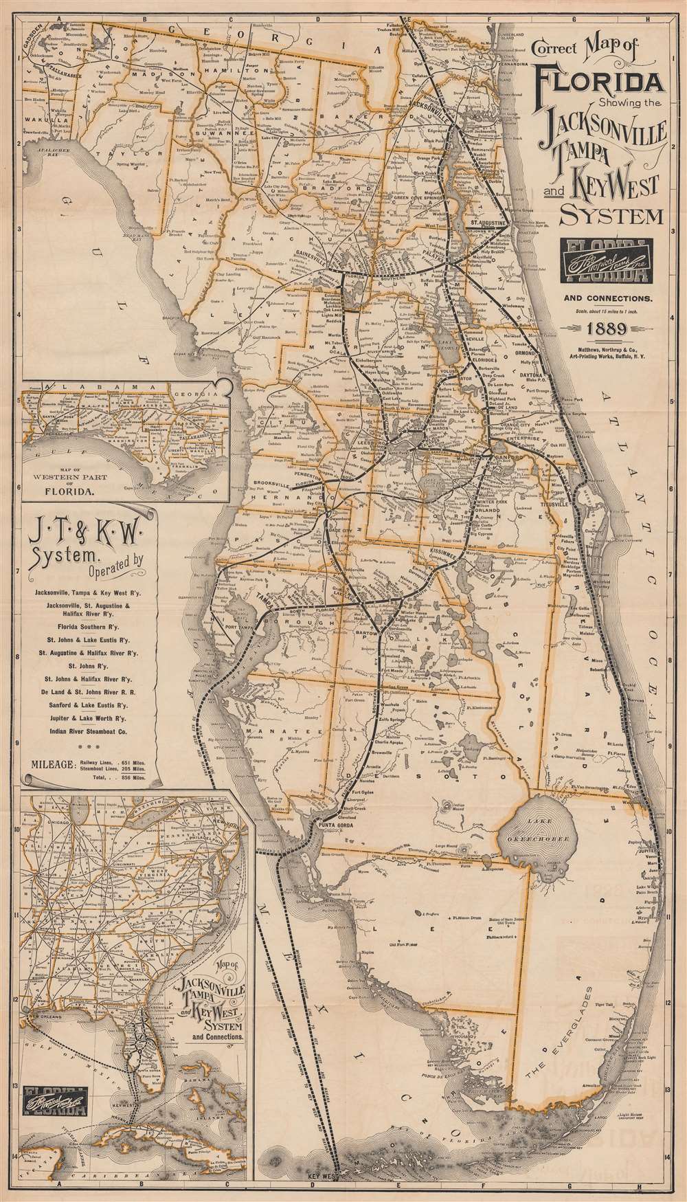 Correct Map of Florida Showing the Jacksonville Tampa and Key West System and Connections. - Main View