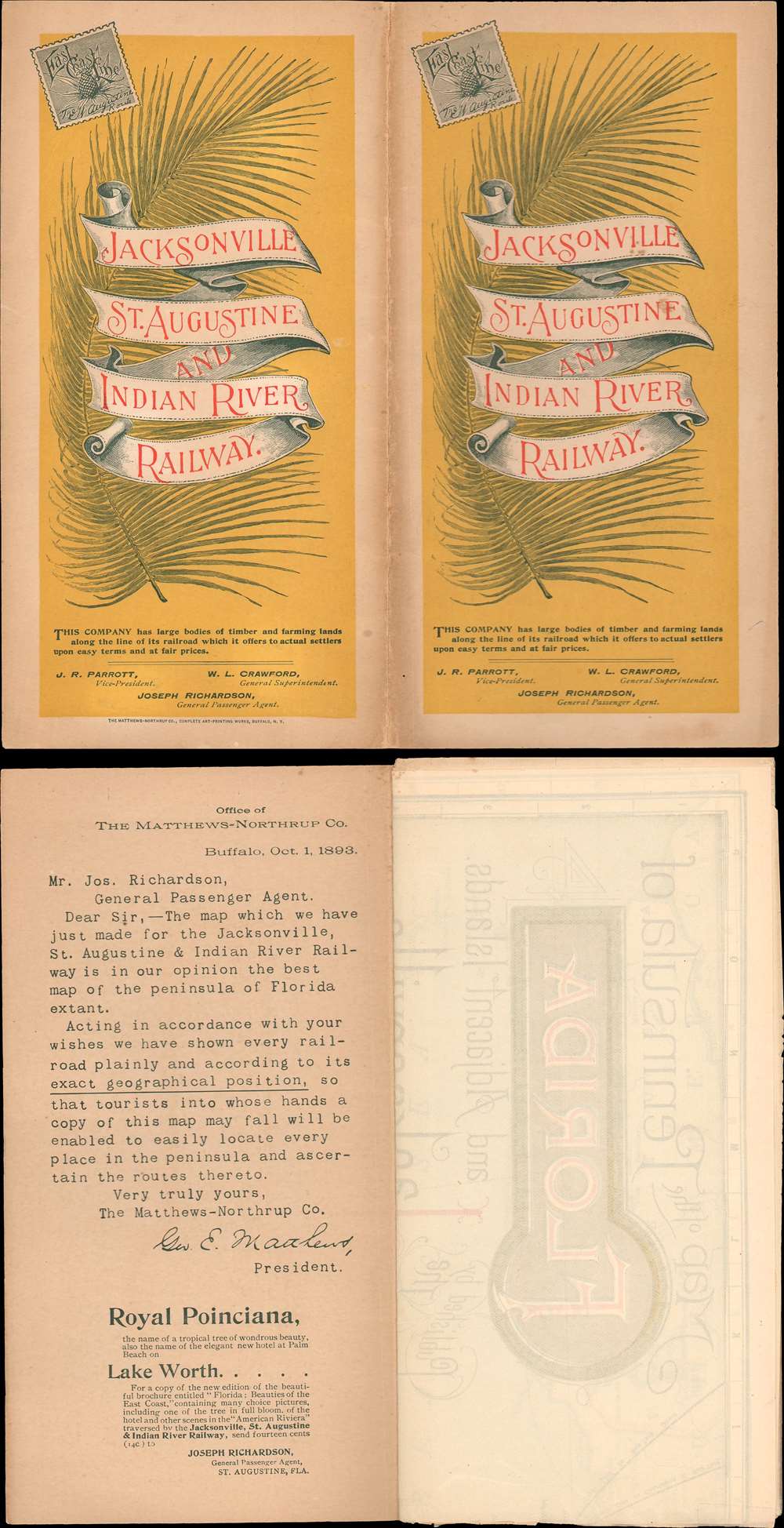 Map of the Peninsula of Florida and Adjacent Islands Published by the Jacksonville, St. Augustine and Indian River Railway. - Alternate View 1