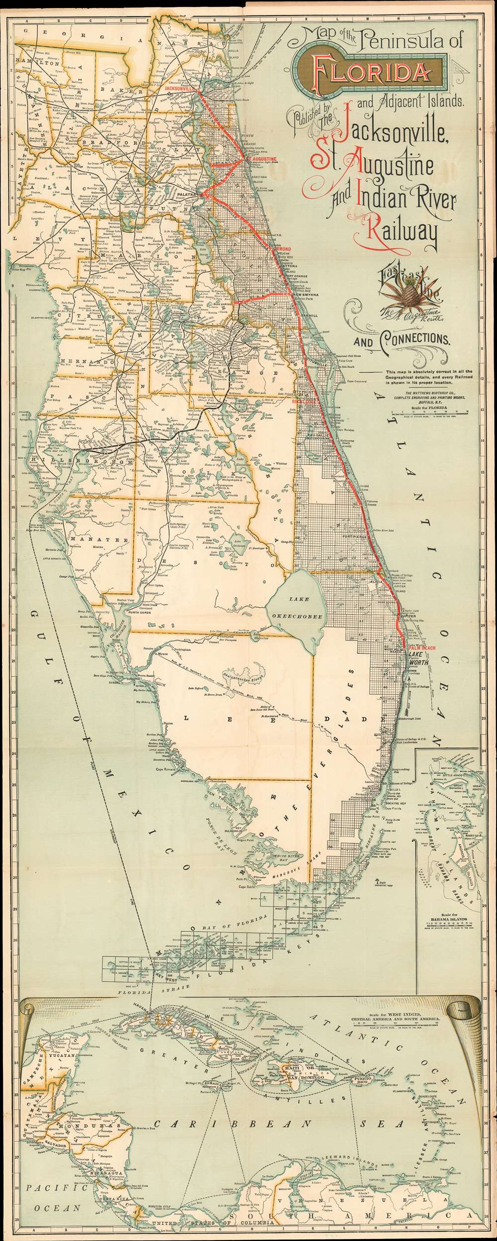 Map of the Peninsula of Florida and Adjacent Islands Published by the Jacksonville, St. Augustine and Indian River Railway. - Main View