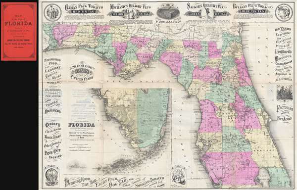 Colton's Map of the State of Florida Presented by P. Lorillard and Co. Jersey City N.J. Manufacturers of Genuine Tin Tag Plug Tobacco Fine Cut Chewing and Smoking Tobacco and Snuff. - Main View