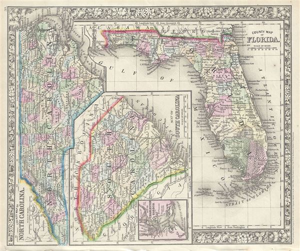 County Map of Florida.  County Map of North Carolina.  Map of South Carolina. - Main View