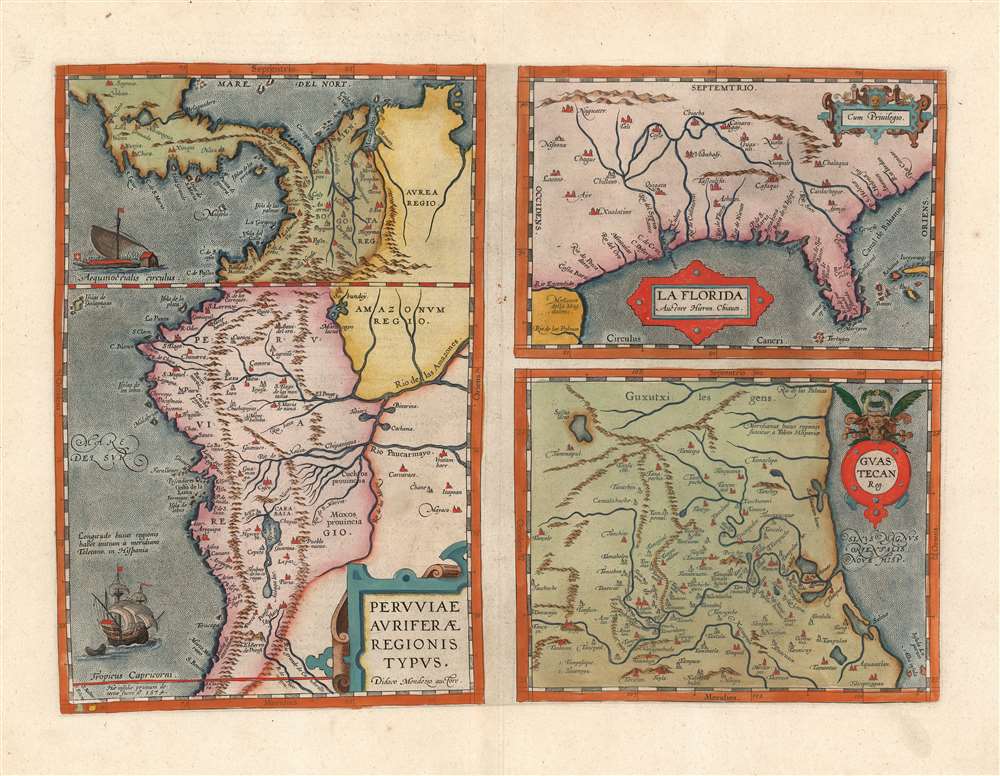 1579 Ortelius Map of Florida, Peru, Colombia and the Gulf Coast of Mexico